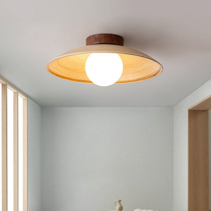 Traditional Japanese Woodgrain Disc Glass Shade 1-Light Semi-Flush Mount Ceiling Light For Hallway