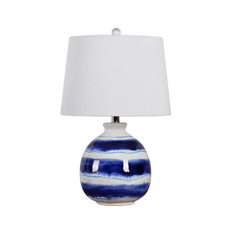 European Vintage White Cone Fabric Blue Ceramic 1-Light Table Lamp