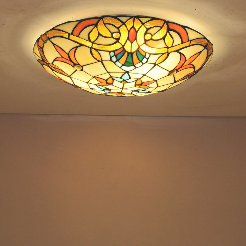 European Tiffany Baroque Round Stained Glass 2/3/4 Light Flush Mount Ceiling Light