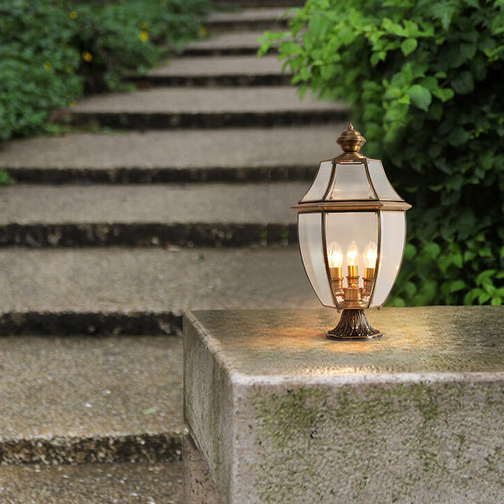 European Luxury All Copper Clear Glass Lantern Post 1/3 Light Waterproof Patio Landscape Light