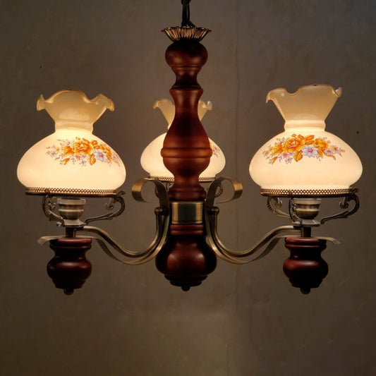 Traditional Rustic Candelabra Round Flower Iron Solid Wood 3-Light Chandelier For Living Room