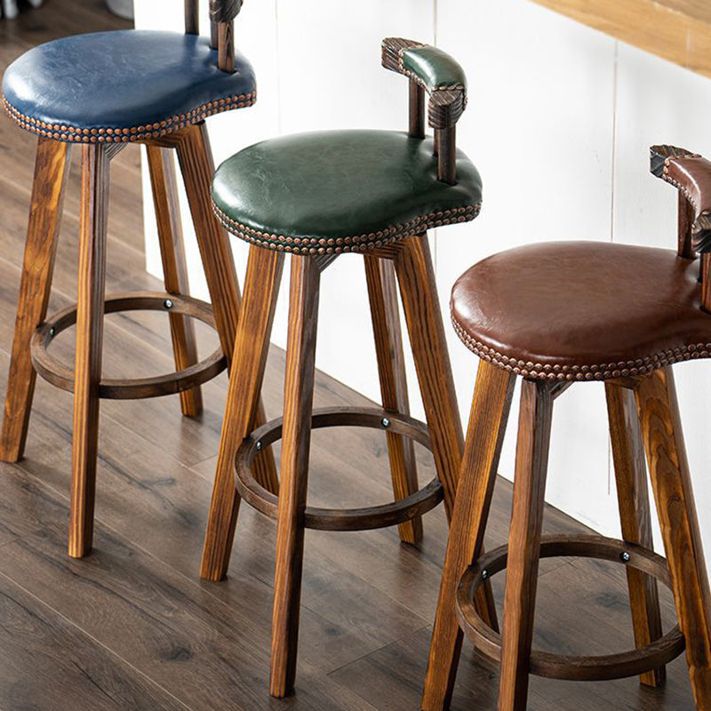 Contemporary Retro Round Faux Leather Wood Legs Swivel Bar Stool Low Back Footrest For Dining Room