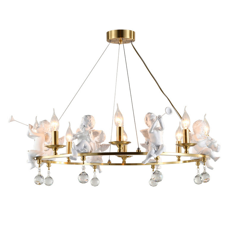 Traditional Vintage Angel Candle Crystal Round ABS Copper 3/6/8 Light Chandelier For Living Room