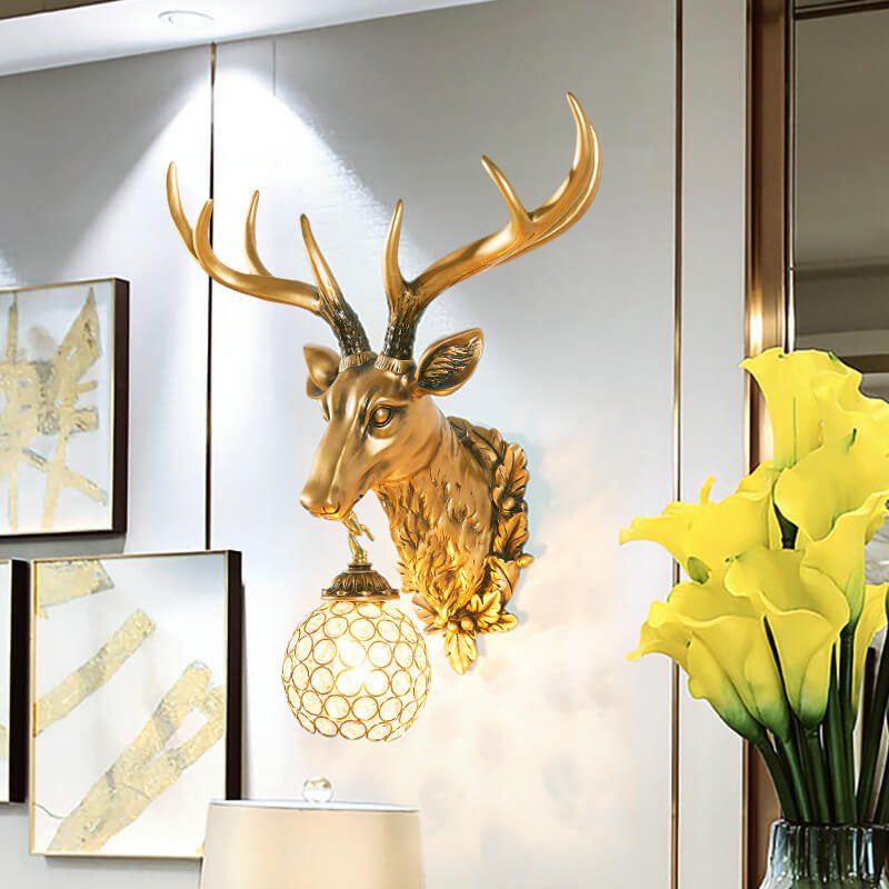 European Retro Deer Head Resin 1-Light Wall Sconce Lamp
