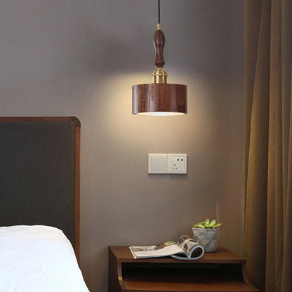 Japanese Brass Walnut Drum 1-Light Pendant Light