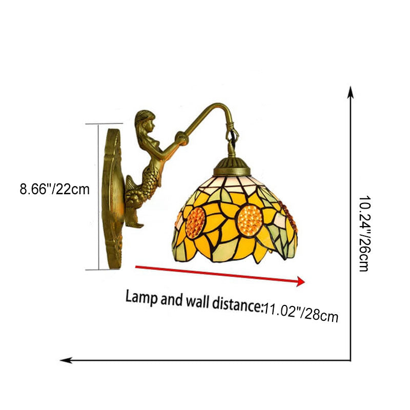 مصباح حائطي من الزجاج الملون بتصميم عباد الشمس من تيفاني بتصميم أوروبي عتيق مزود بإضاءة واحدة 