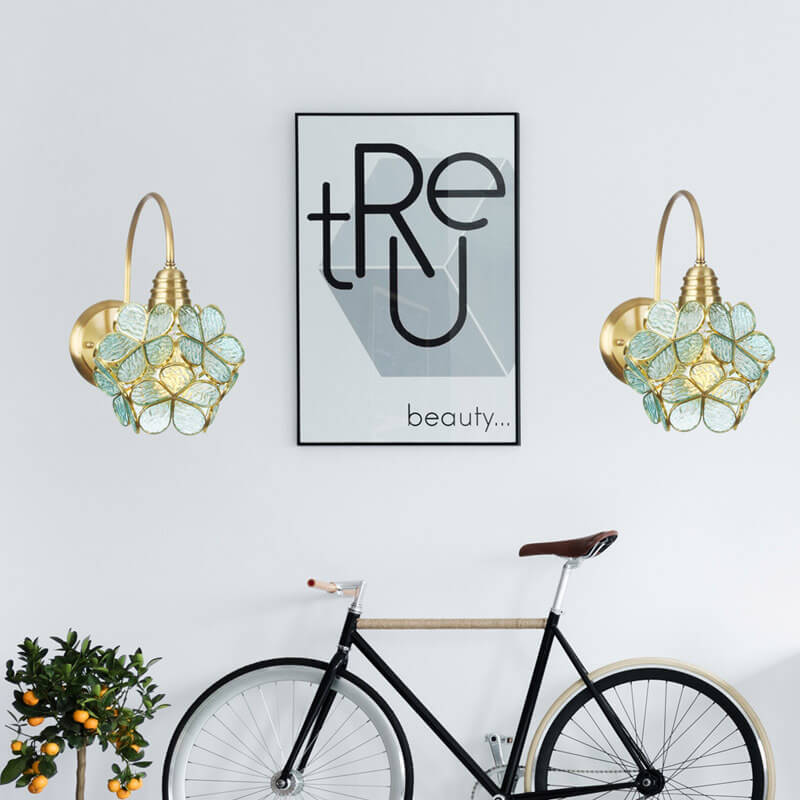 European Tiffany Vintage Brass Glass 1-Light Wall Sconce Lamp