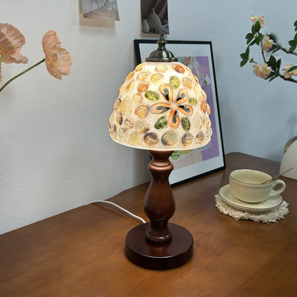 Traditional Vintage Wood Glass Hemispheroid Shell Lozenge 1-Light Table Lamp For Bedside