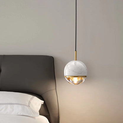 Contemporary Scandinavian Patterned Spherical Copper Marble Glass 1-Light Pendant Light For Bedroom