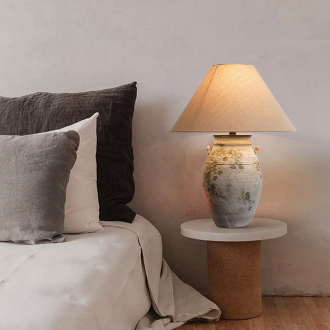 Traditional Vintage Ceramic Fabric Metal Conic Pot 1-Light Table Lamp For Bedside