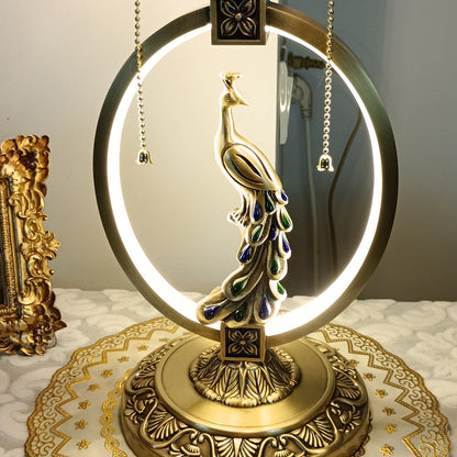 Traditional Tiffany Copper Glass Dome Round Peacock Cockatoo 1-Light Table Lamp For Bedroom