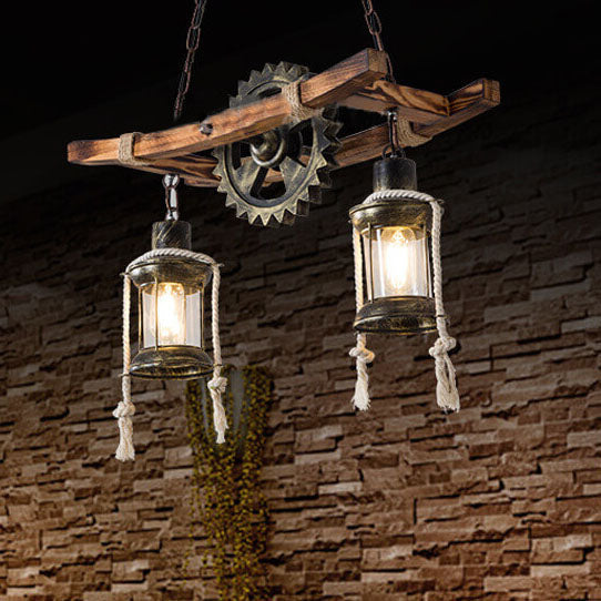 Vintage Industrial Wooden Metal 2-Light Island Light Chandelier