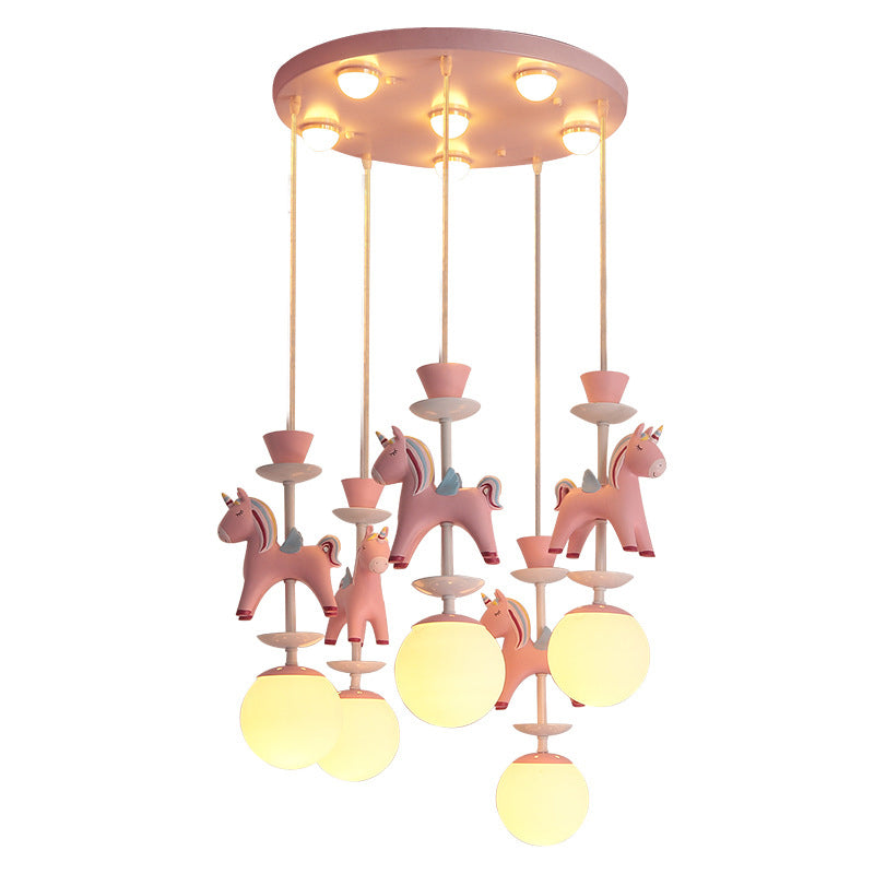 Modern Art Deco Kids Iron Resin Glass Round Base Ball Horse 1/3/5 Light Flush Mount Ceiling Light For Bedroom