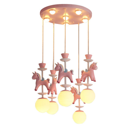 Modern Art Deco Kids Iron Resin Glass Round Base Ball Horse 1/3/5 Light Flush Mount Ceiling Light For Bedroom
