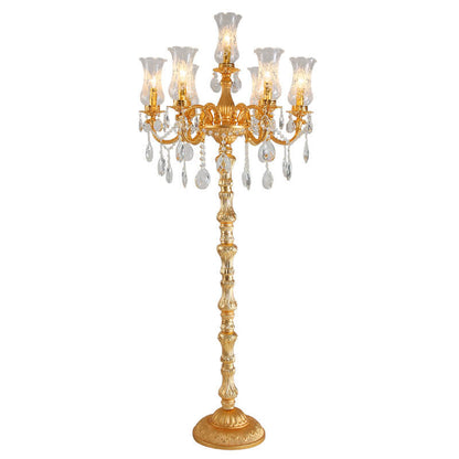 European Luxury Golden Crystal Zinc Alloy Candle Holder 7-Light Standing Floor Lamp