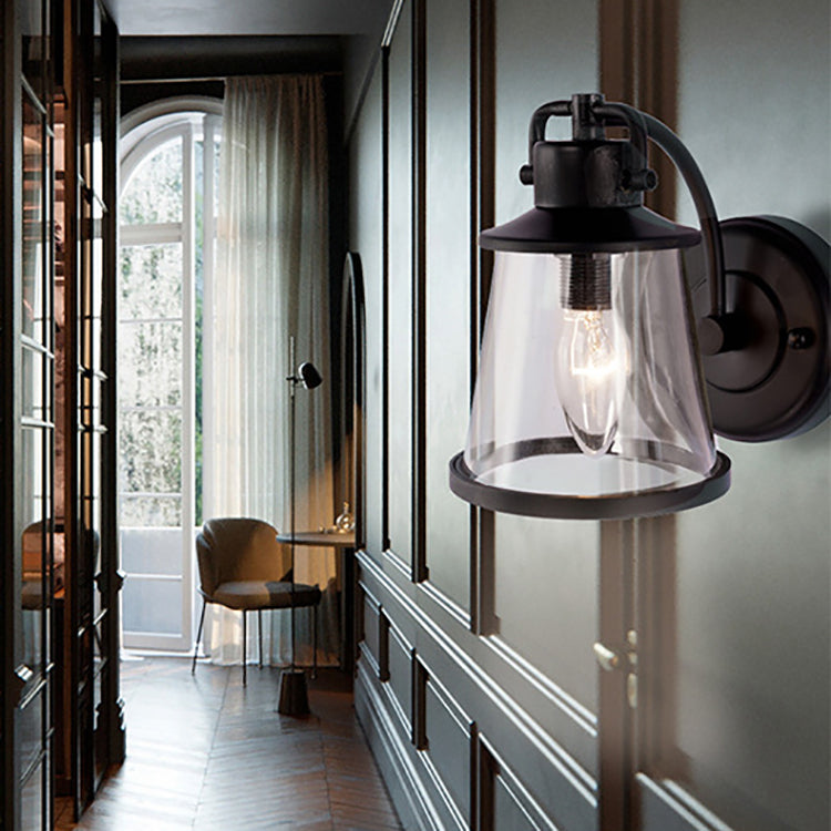 Contemporary Industrial Iron Glass Round Shade 1-Light Waterproof Wall Sconce Lamp For Hallway