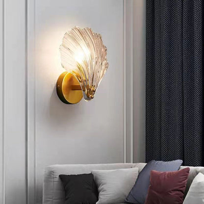 Contemporary Luxury Shell Glass Brass Finish Frame 1-Light Wall Sconce Lamp For Bedroom
