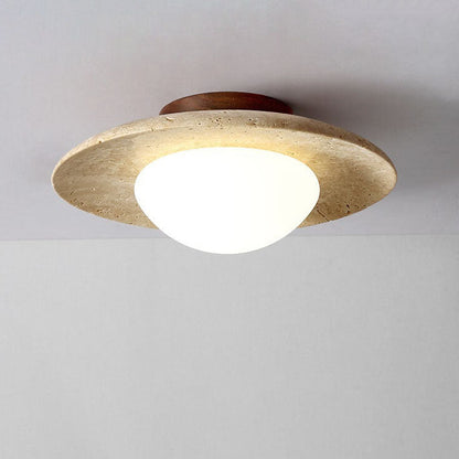 Traditional Vintage Round Travertine 1-Light Flush Mount Ceiling Light For Hallway