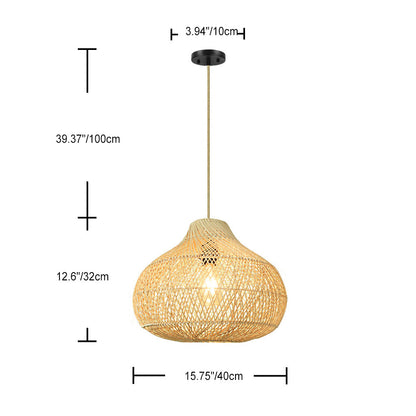 Traditional Chinese Round Weaving Wood 1-Light Pendant Light For Dining Room