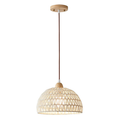 Contemporary Boho Wood Rattan Weaving Dome 1-Light Pendant Light For Dining Room