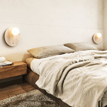 Traditional Japanese Round Oval Yellow Travertine 1-Light Wall Sconce Lamp For Bedroom