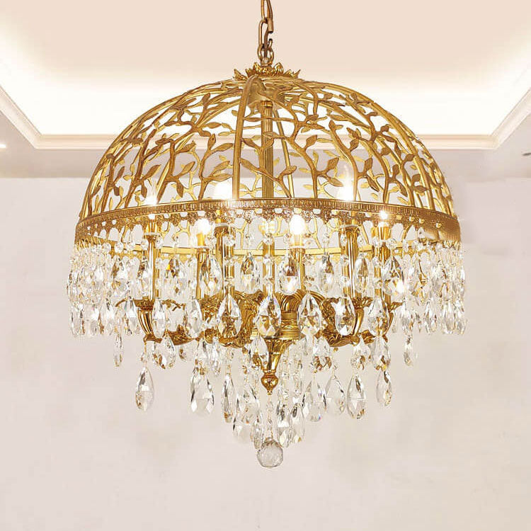 European Luxury Brass Carved Crystal Dome 6/8 Light Chandelier