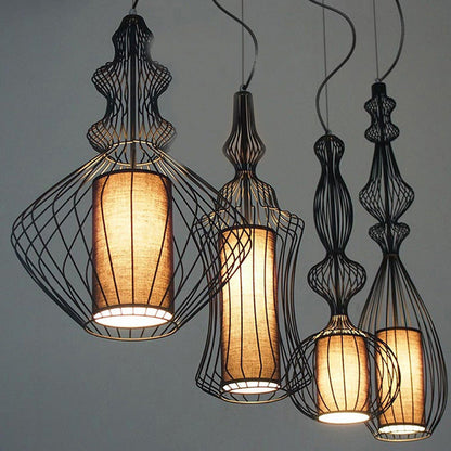 Contemporary Industrial Cage Iron Fabric 1-Light Pendant Light For Living Room