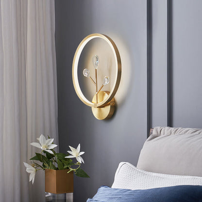 مصباح حائط LED دائري الشكل على شكل فرع شجرة كريستالي نحاسي فاخر عصري 