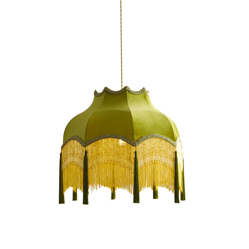 French Vintage Fabric Tassel Lampshade Brass 1-Light Pendant Light