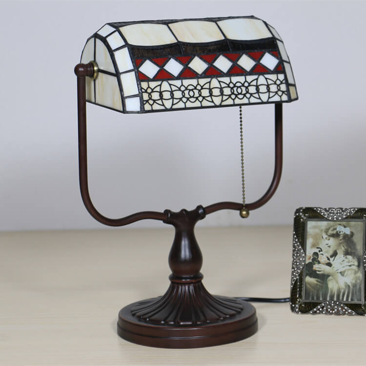 Traditional Tiffany Geometric Stained Glass Bank Pull Cord 1-Light Table Lamp For Home Office