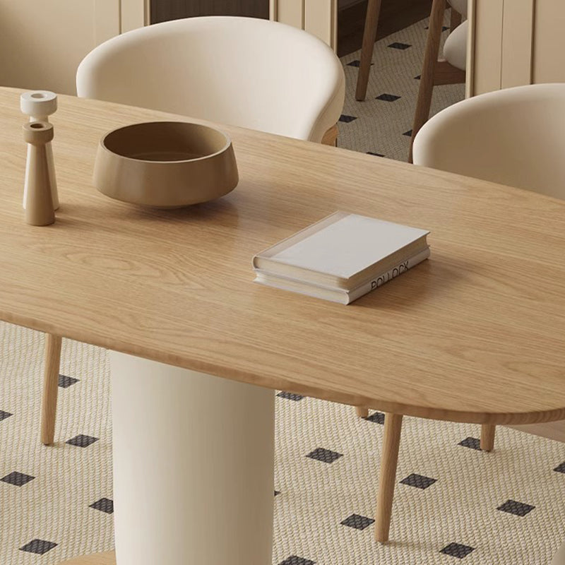 Traditional Japanese Elliptical Ash Wood Oaken Faux Leather Dining Table & Chair Set For 4/6 Seats