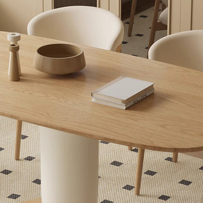 Traditional Japanese Elliptical Ash Wood Oaken Faux Leather Dining Table & Chair Set For 4/6 Seats