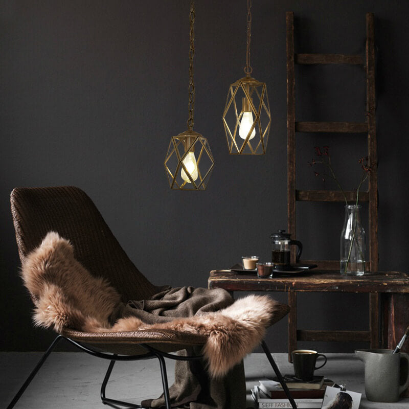 Contemporary Scandinavian Polygonal All Copper Iron Glass 1-Light Pendant Light For Living Room