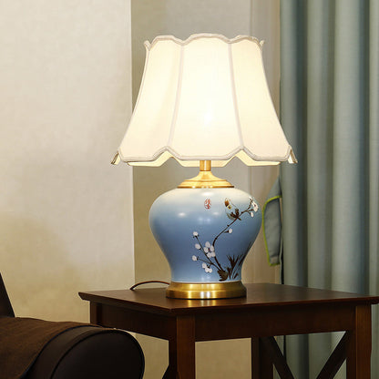 Traditional Chinese Plum Blossom Cylindrical Copper Ceramic Fabric 1-Light Table Lamp For Bedroom