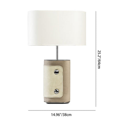 Modern Transitional Fabric Cylinder Shade Leather Column Base 1-Light Table Lamp For Bedroom
