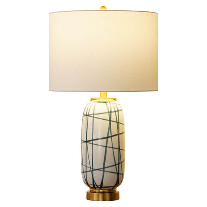 Nordic Light Luxury Green Striped Ceramic Drum Fabric 1-Light Table Lamp