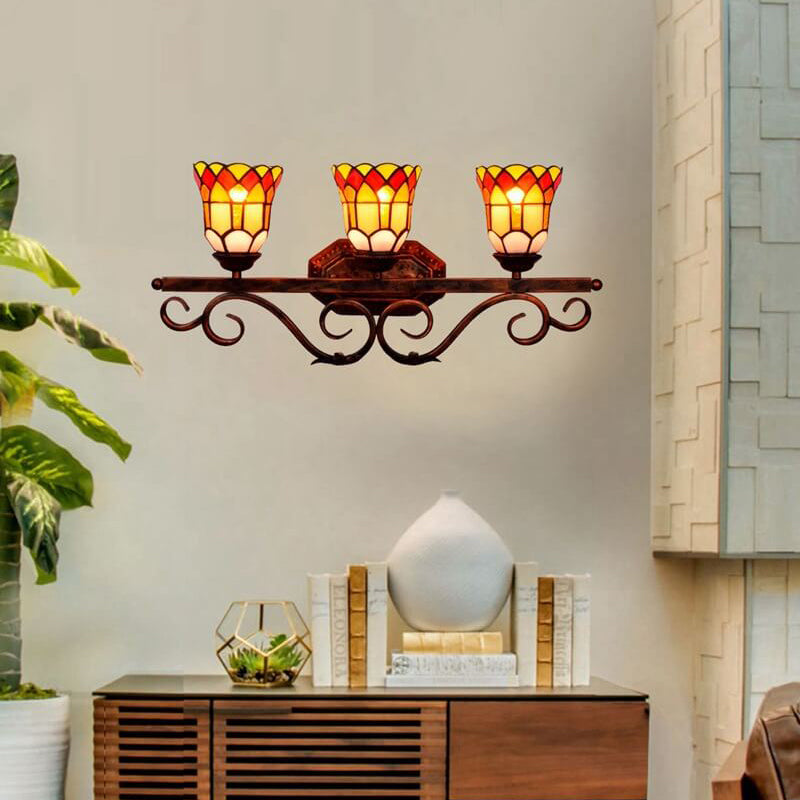 Traditional Tiffany European Vintage Stained Glass Mirror Front Light 3-Light Wall Sconce Lamp