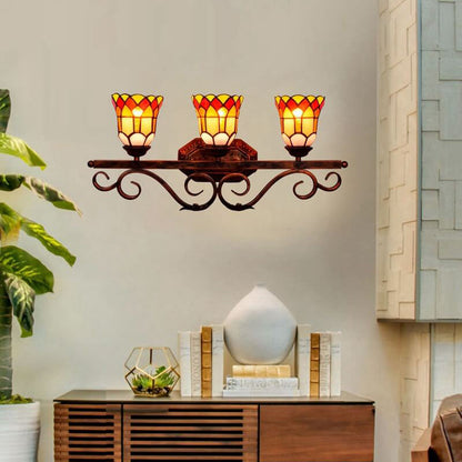Traditional Tiffany European Vintage Stained Glass Mirror Front Light 3-Light Wall Sconce Lamp