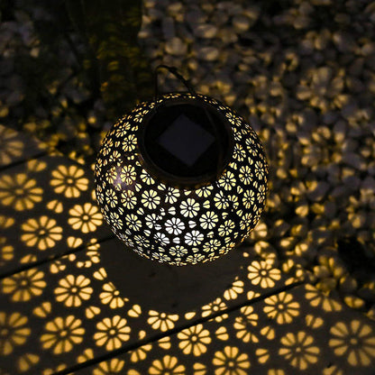 Modern Art Deco Solar Waterproof Portable Flower Round Lantern Iron LED Outdoor Light For Garden