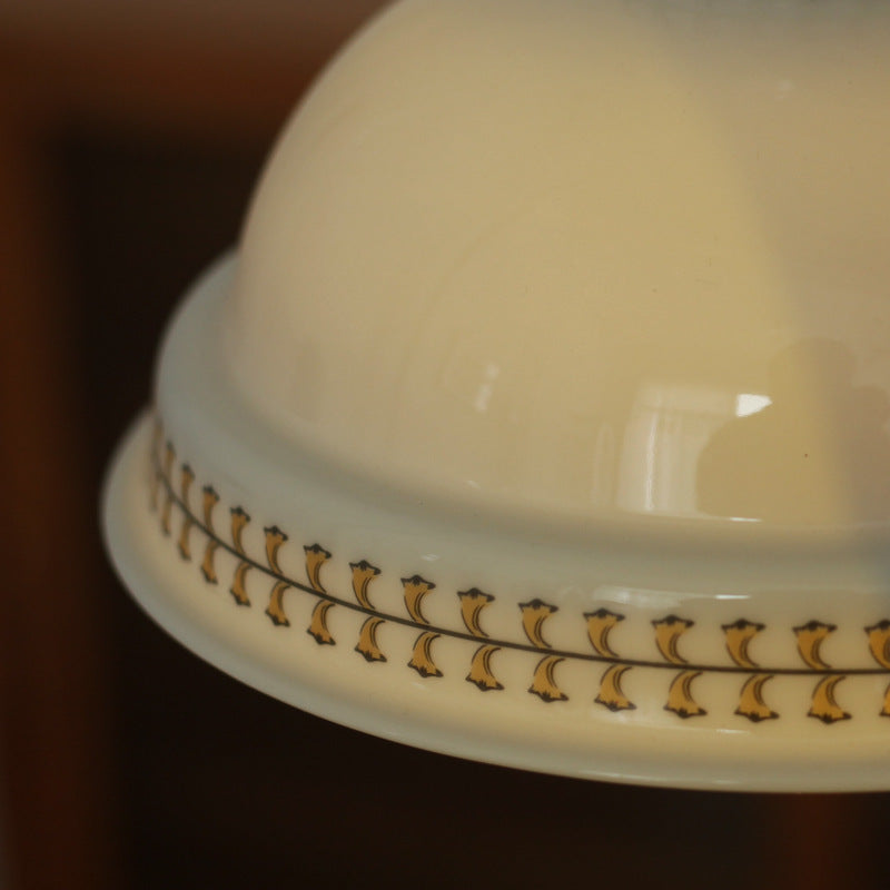 Traditional Japanese Brass Printed Ceramic Bowl-Shaped 1-Light Pendant Light For Living Room