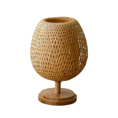 Chinese Minimalist Bamboo Weaving Oval Round 1-Light Table Lamp