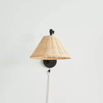 Vintage Chinese Rattan Cone Shade Iron Swing Arm 1-Light Wall Sconce Lamp