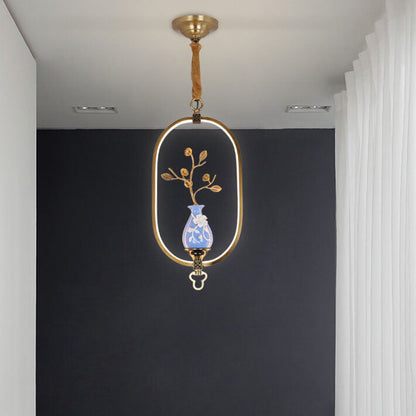 Traditional Chinese Oval Dendritic Flower Full Copper Ceramic LED Pendant Light For Living Room