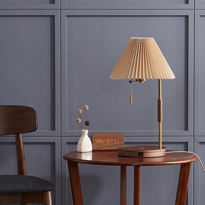 Modern Pleated Shade Walnut Wood Round Base 1-Light Table Lamp
