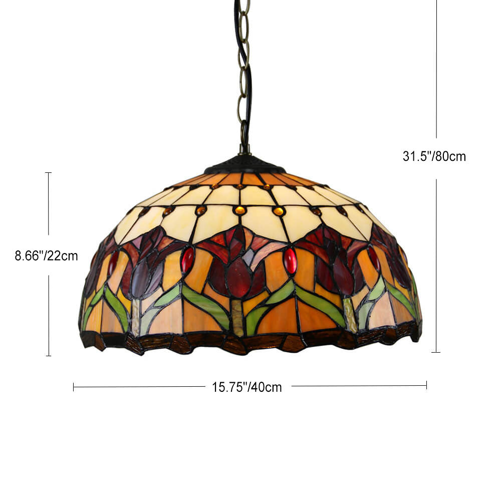 Traditional Tiffany Round Leaf Tulip Hardware Stained Glass 1 Light Chandelier For Living Room