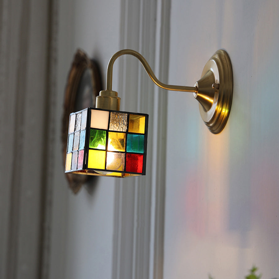 Traditional Vintage Square Rubik's Cube Tulip Brass Glass 1-Light Wall Sconce Lamp For Living Room