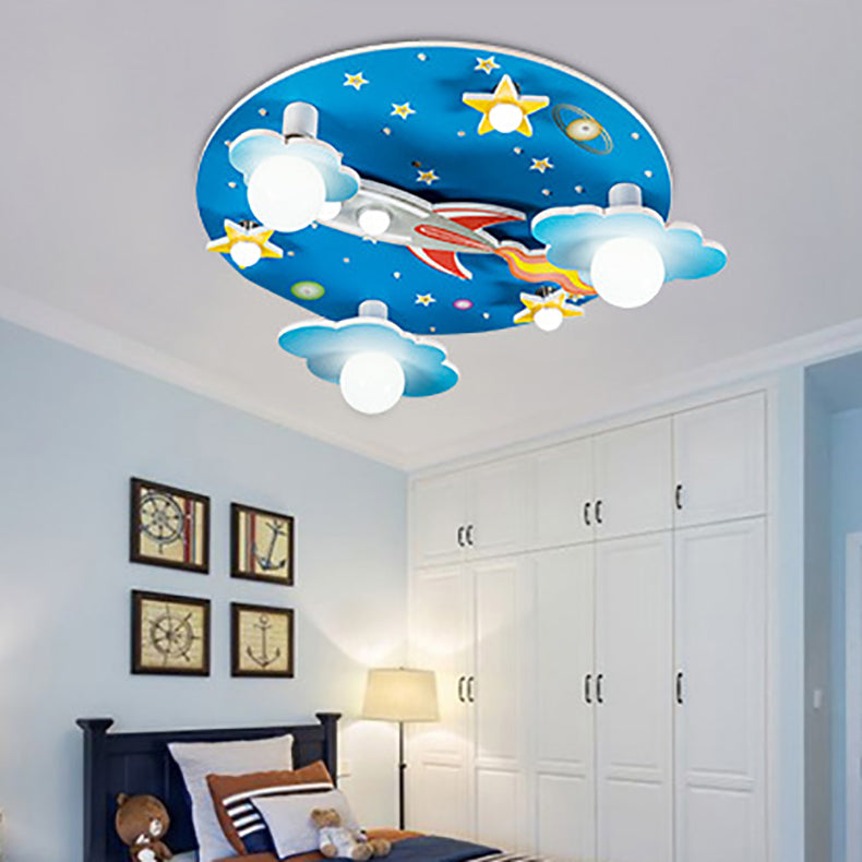 Modern Art Deco Kids Wood Plastic Round Rocket Starry Sky LED Flush Mount Ceiling Light For Bedroom