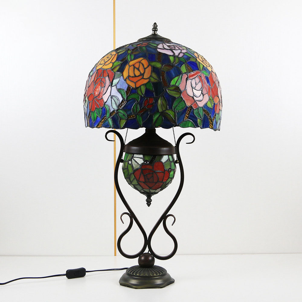 Tiffany European Vintage Floral Stained Glass Round Pot 3-Light Table Lamp