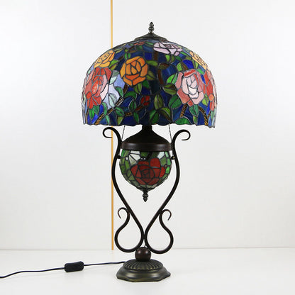 Tiffany European Vintage Floral Stained Glass Round Pot 3-Light Table Lamp