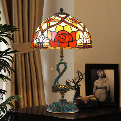 European Luxury Stained Glass Swan Base Copper 2-Light Table Lamp